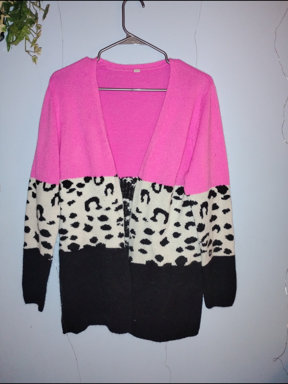 Source Unknown Pink, Cream & Black Leopard Colorblock Open Cardigan